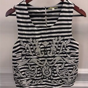Gianni Bini Black and White Striped Embellished Blouse